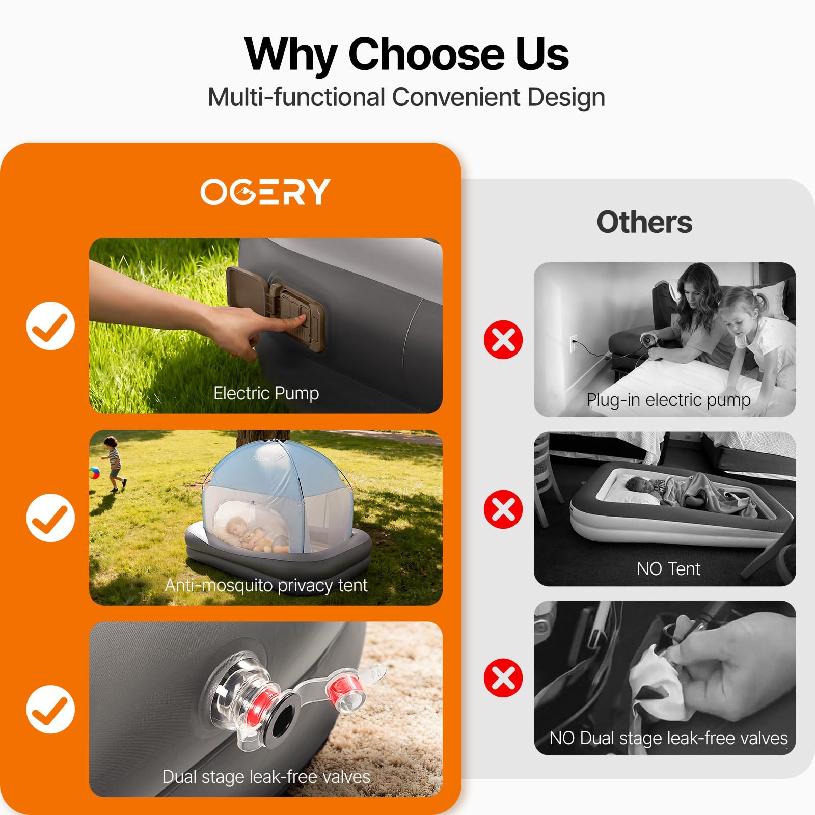 OGERY travel toddler bed shows crib-to-bed transition with portable design.