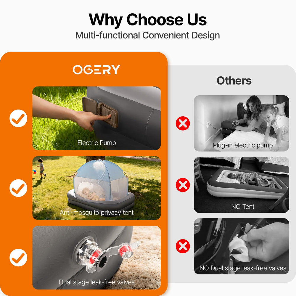 OGERY travel toddler bed shows crib-to-bed transition with portable design.