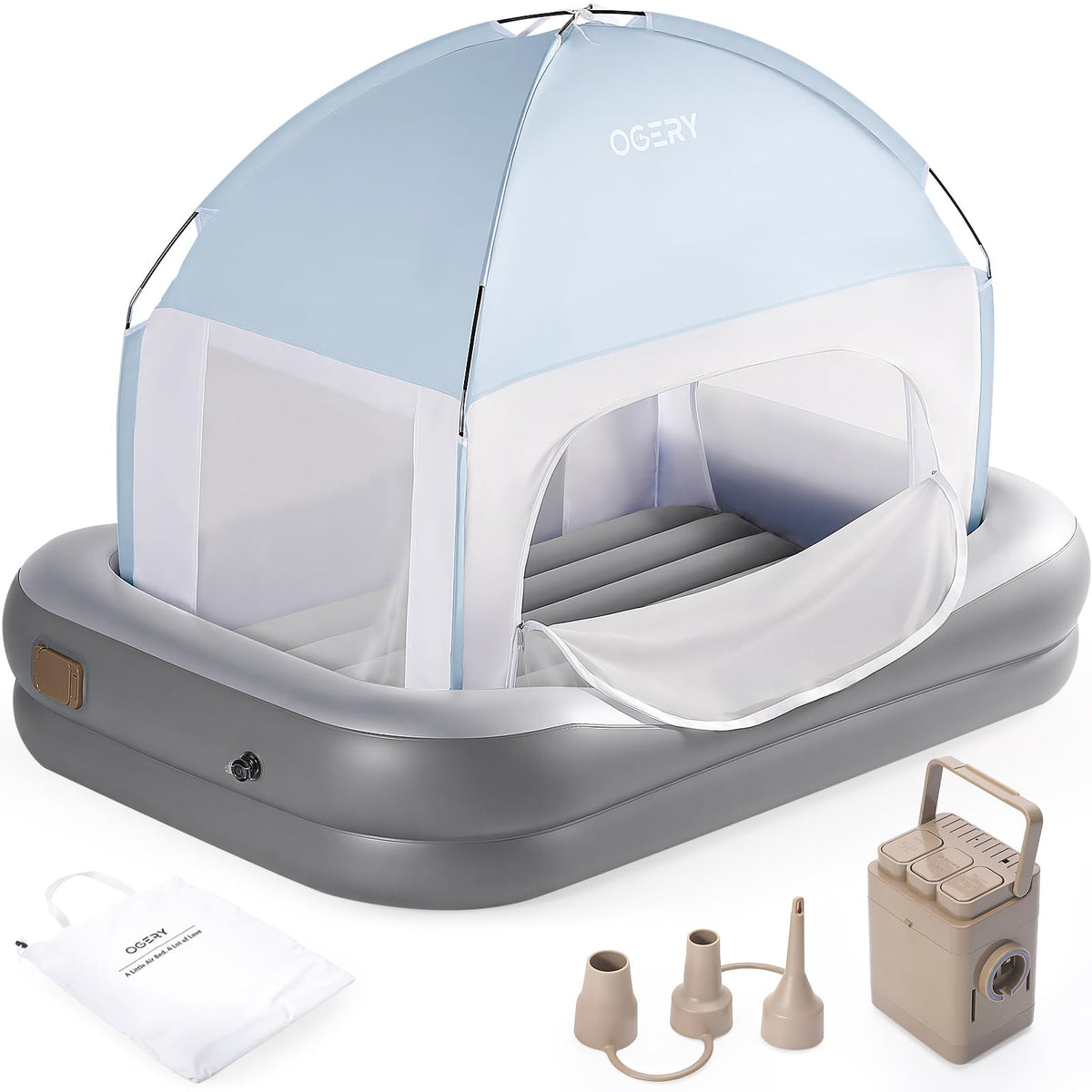 OGERY inflatable toddler bed with cordless pump enables quick setup and secure sleep.