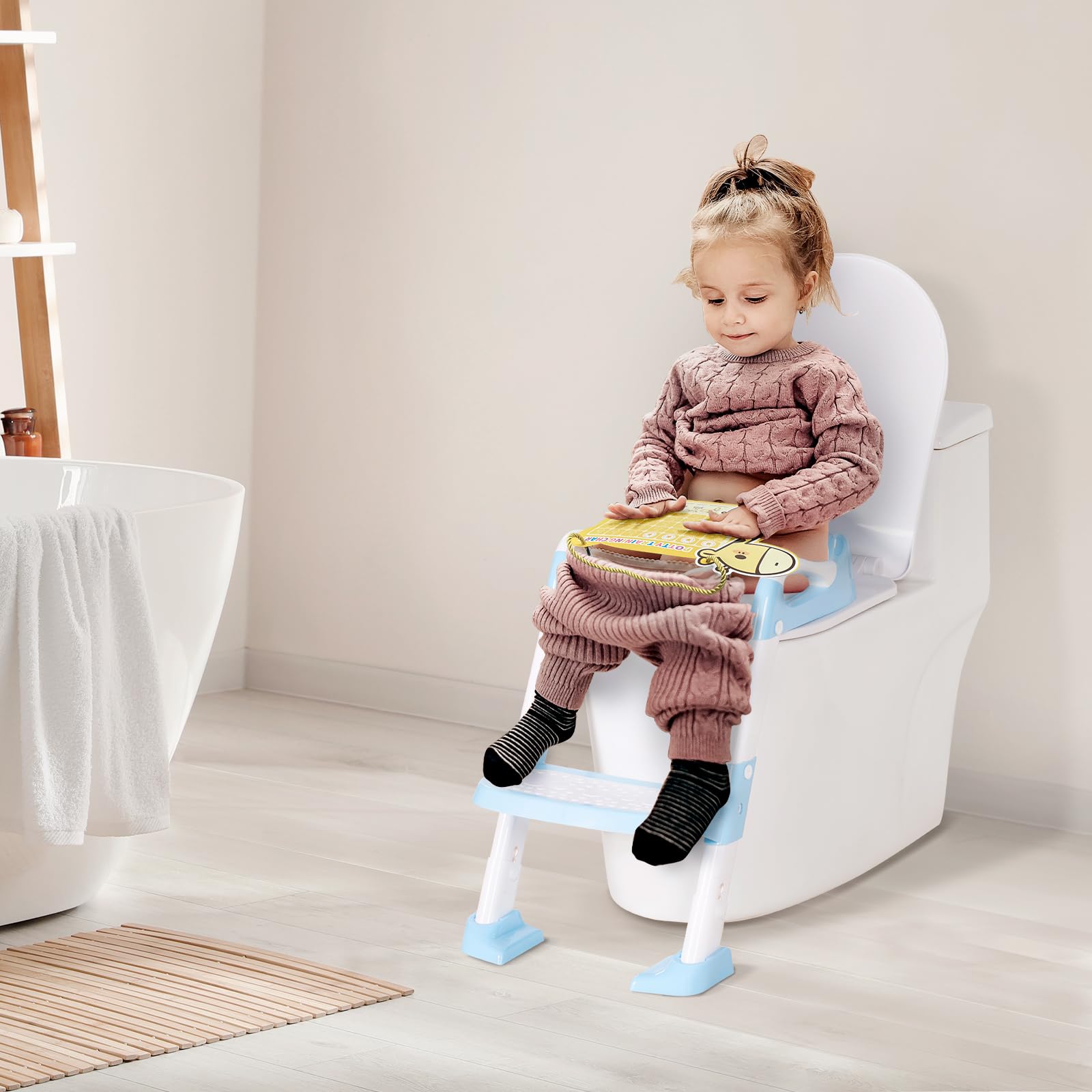 OHKIDS potty training seat blue side view emphasizes ergonomic handles for easy transitions.