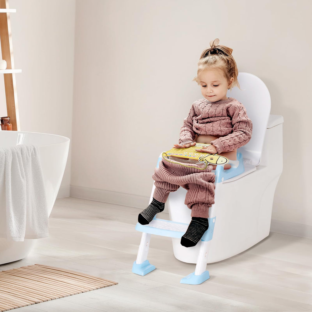 OHKIDS potty training seat blue side view emphasizes ergonomic handles for easy transitions.