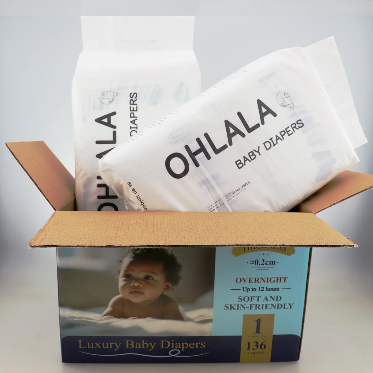 OHLALA Luxury Diapers Size 1 eco-friendly biodegradable materials label conveying environmental awareness.