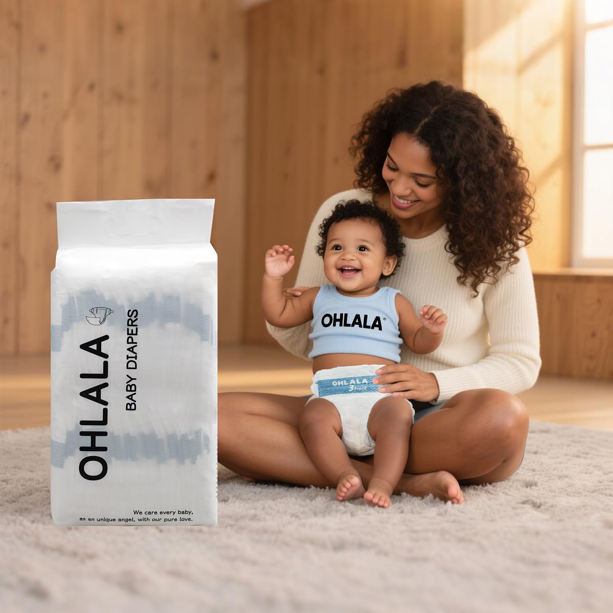 OHLALA Luxury Diapers Size 1 night-use coverage image indicating all-night dryness potential.