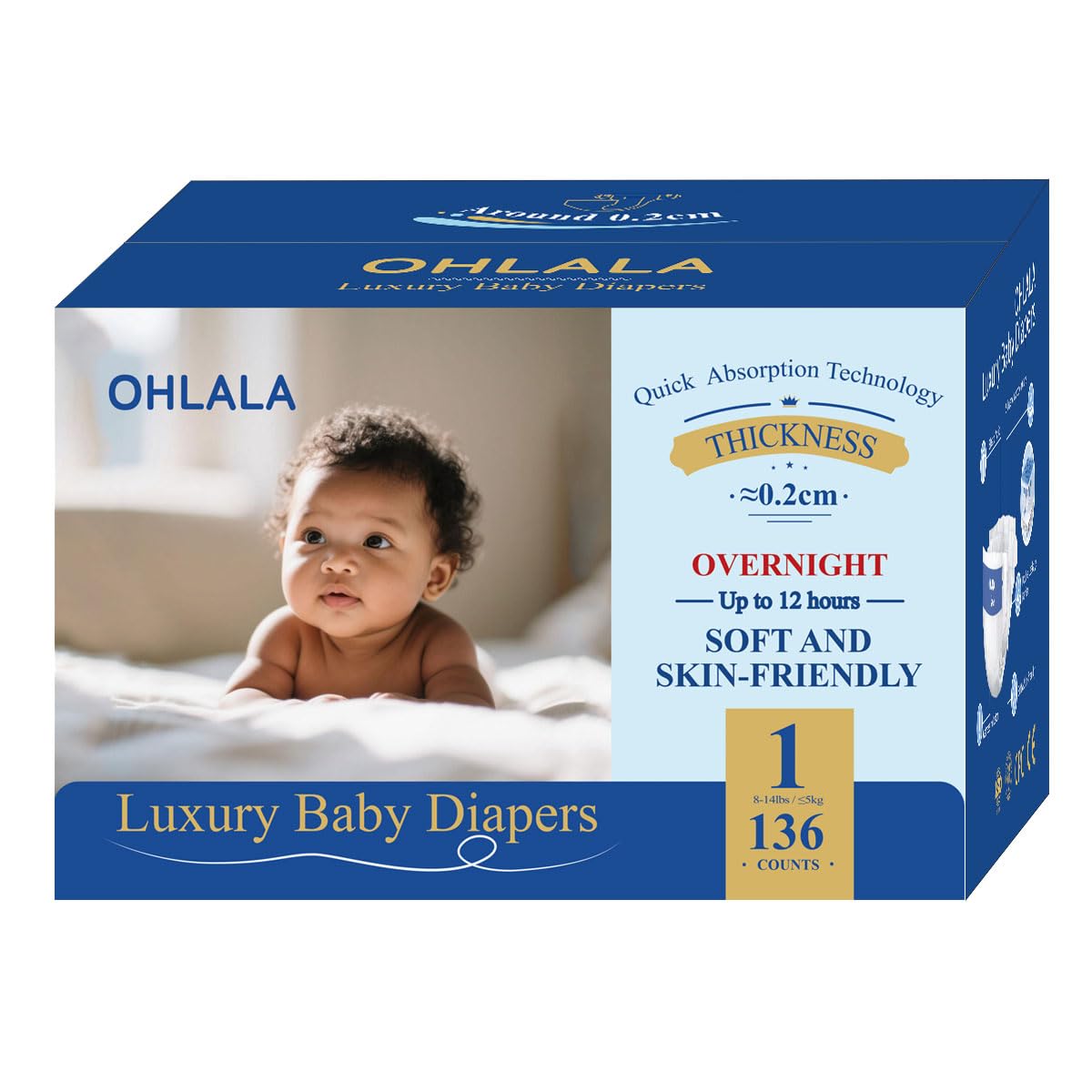 OHLALA Luxury Diapers Size 1 pack front view highlighting hypoallergenic packaging for sensitive skin.