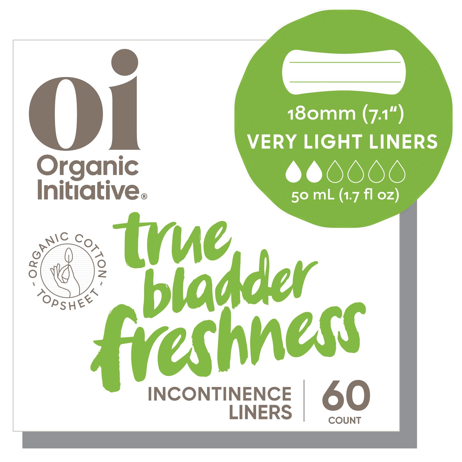 Oi Organic Initiative liner topsheet close-up showing breathable, hypoallergenic cotton for sensitive skin comfort.