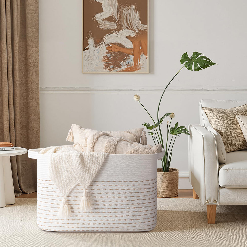 OIAHOMY blanket basket with reinforced handles, easy transport of bulky items