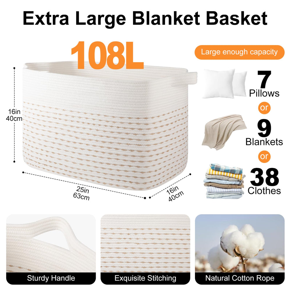 OIAHOMY 108L rectangle basket made of natural cotton rope, no chemical odor
