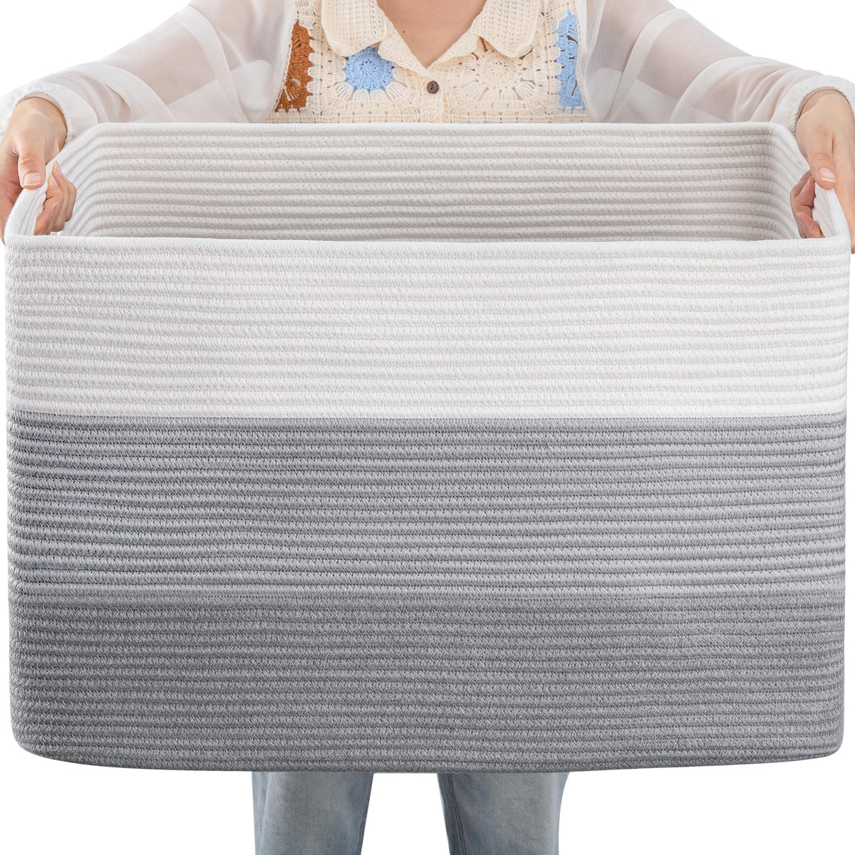 OIAHOMY 108L rectangle grey basket, front view, ideal for blanket storage