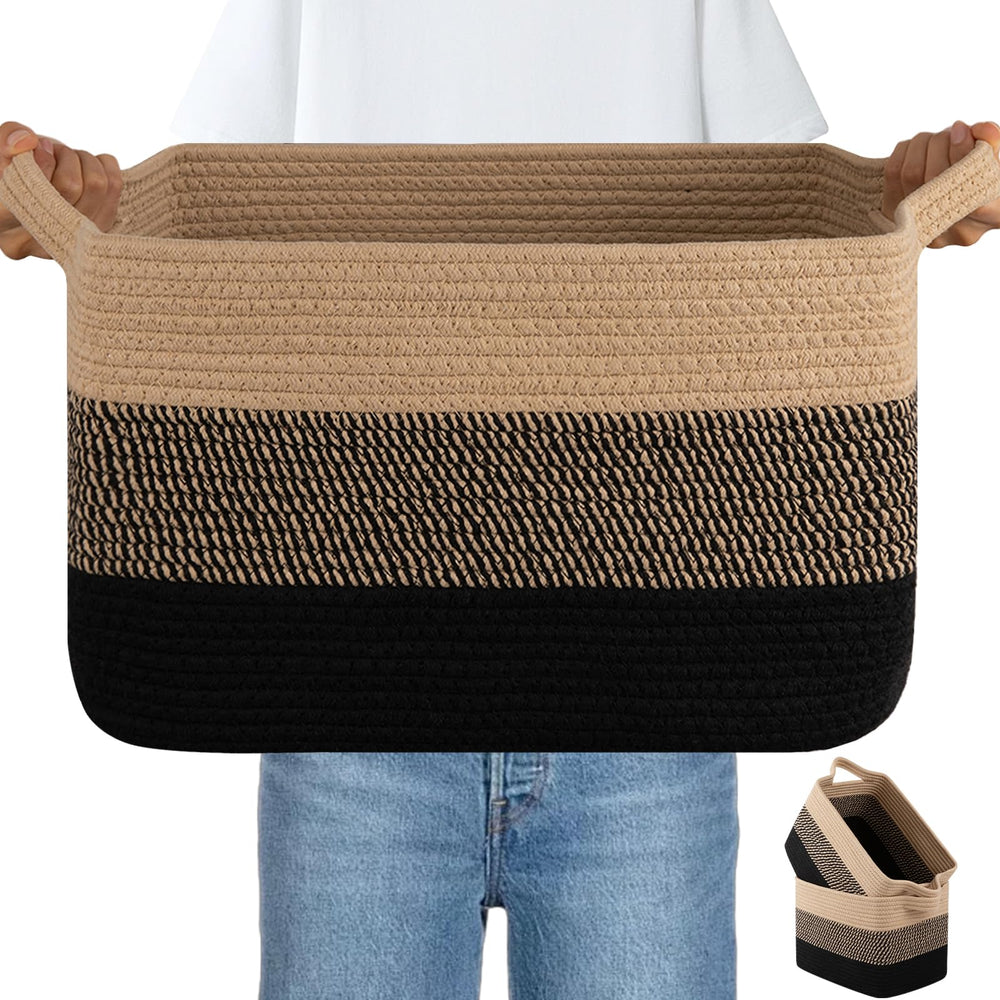 OIAHOMY three-pack woven basket set shown folded, ready to organize.