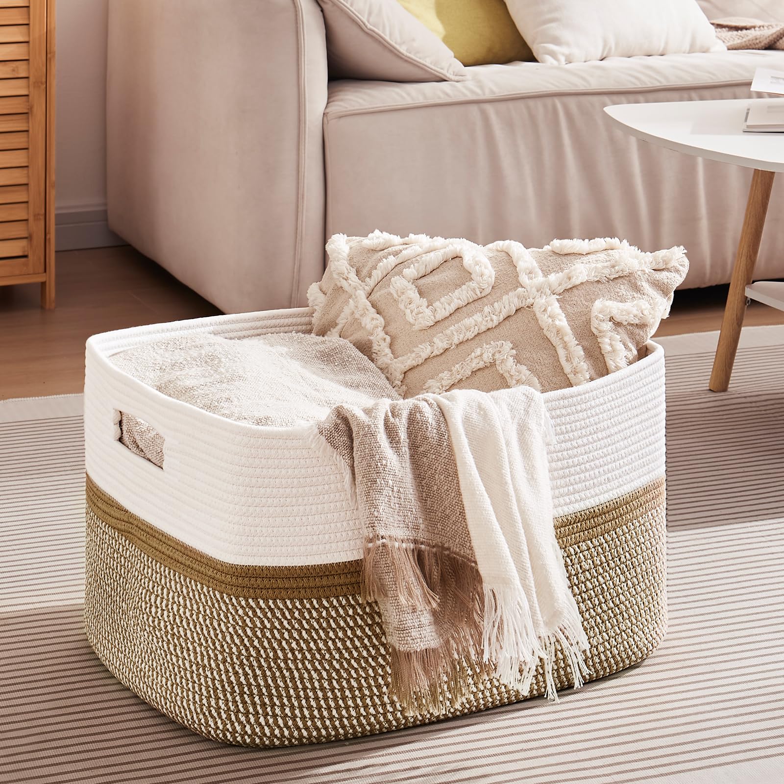 OIAHOMY basket with handles detail reveals reinforced stitching for heavy items.