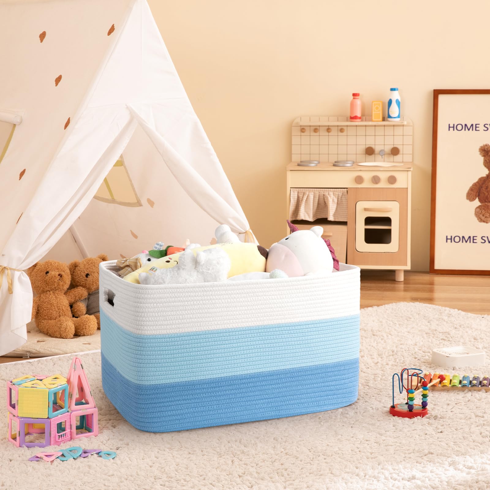 OIAHOMY blanket basket with sturdy handles ready for room-to-room transport