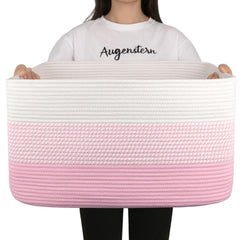 OIAHOMY blanket basket pink and white front view for large blanket storage