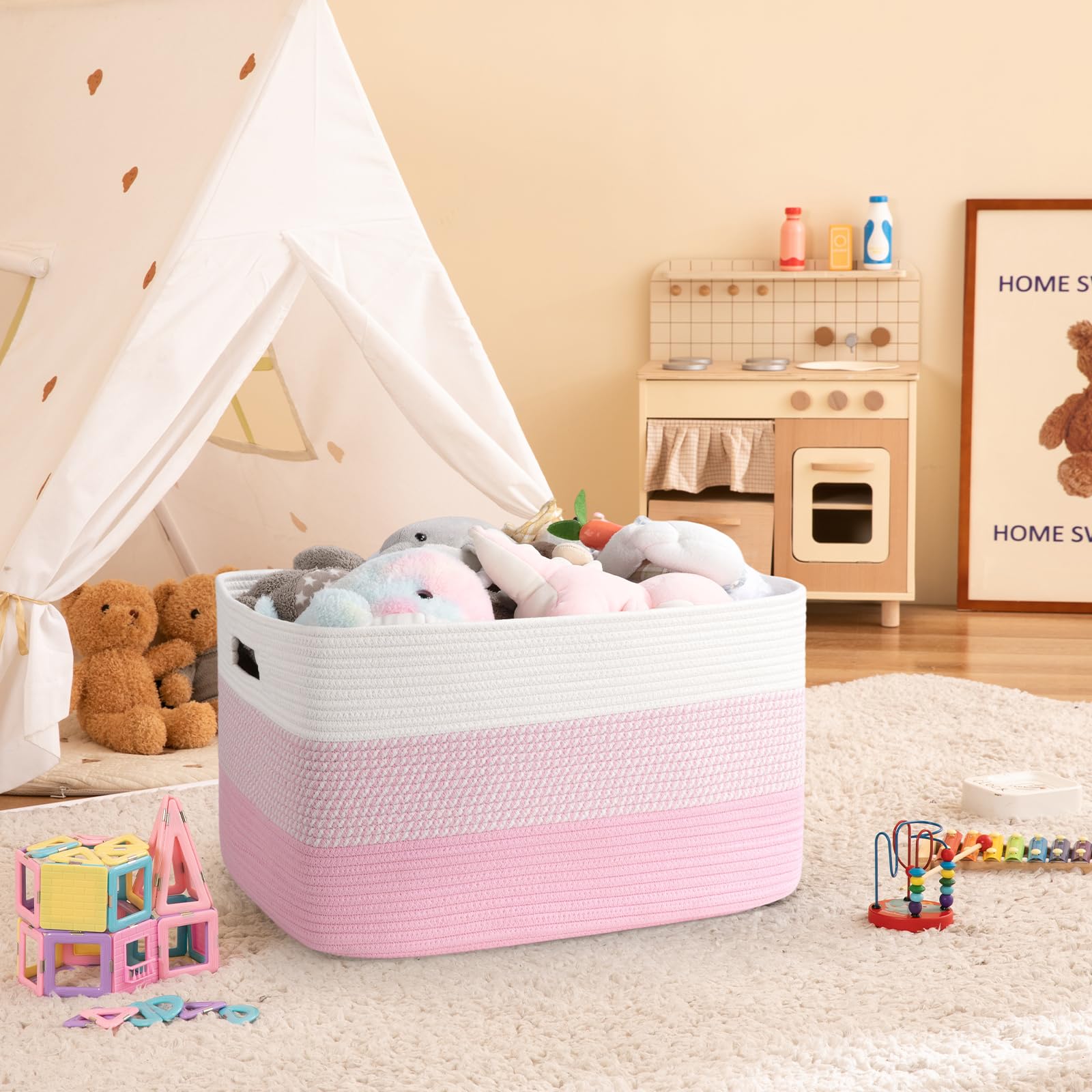 OIAHOMY blanket basket pink-white side view with sturdy handles for easy transport