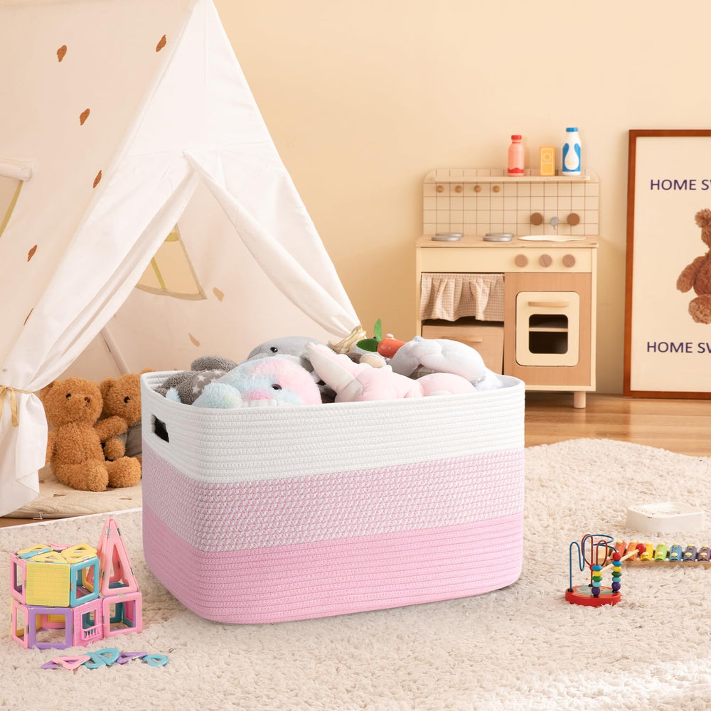 OIAHOMY blanket basket pink-white side view with sturdy handles for easy transport