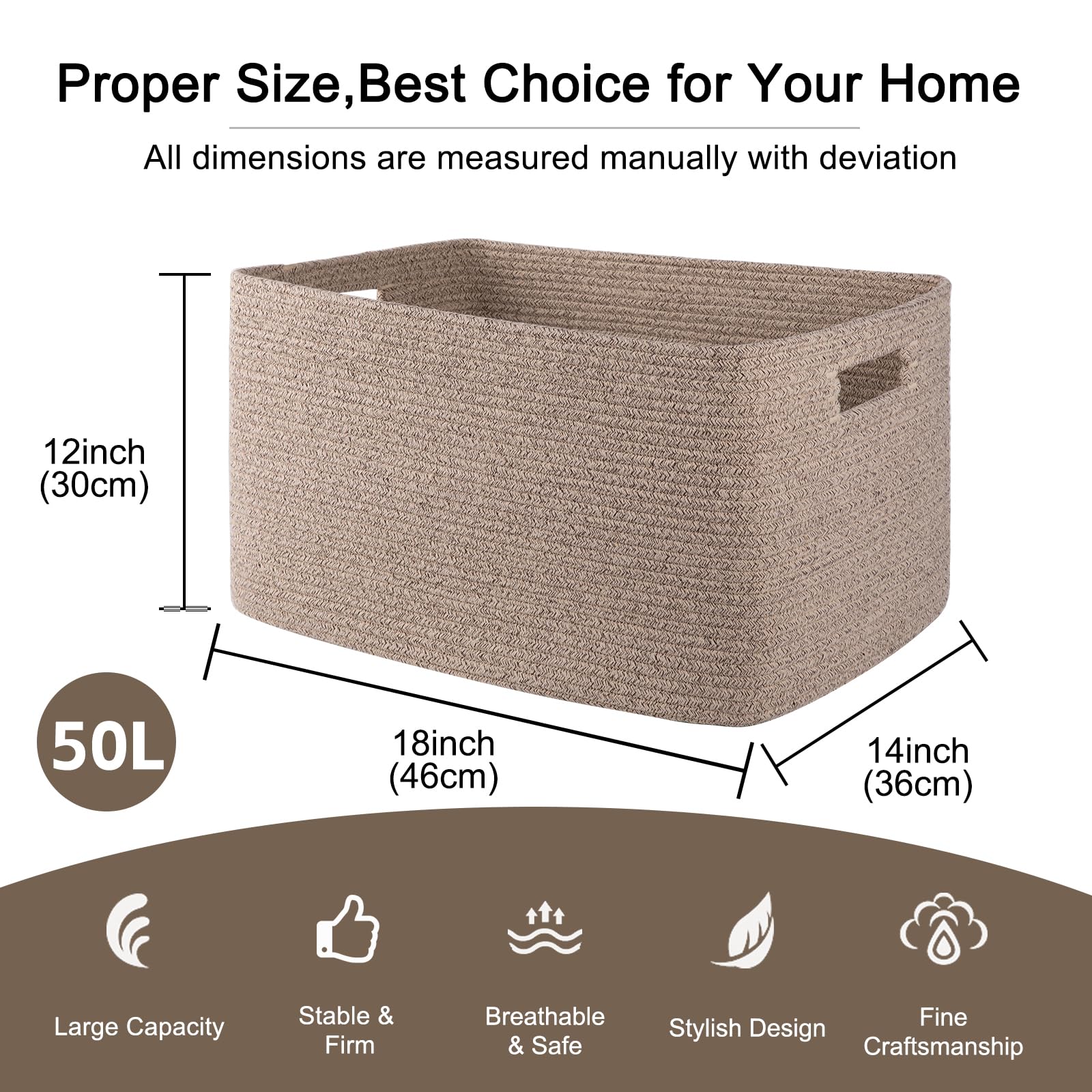 OIAHOMY brown variegated rope basket blends with home decor.