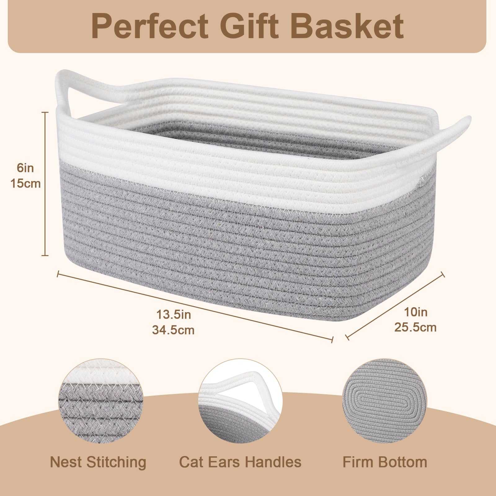OIAHOMY cat ear handles basket in grey and white, easy carry