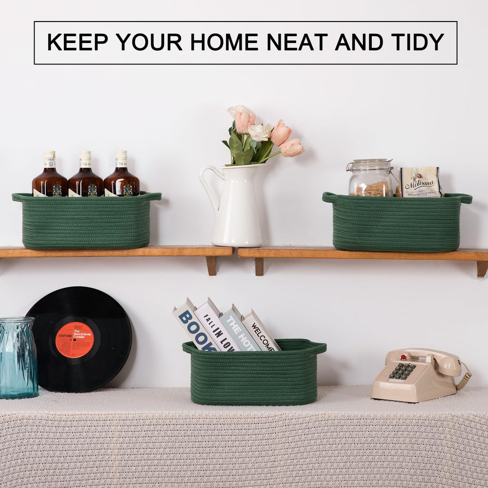 OIAHOMY green basket side view shown on shelf for organization