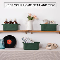 OIAHOMY green basket side view shown on shelf for organization