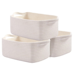 OIAHOMY cotton rope storage baskets in rectangle shape, soft texture, ideal for tidy shelves.