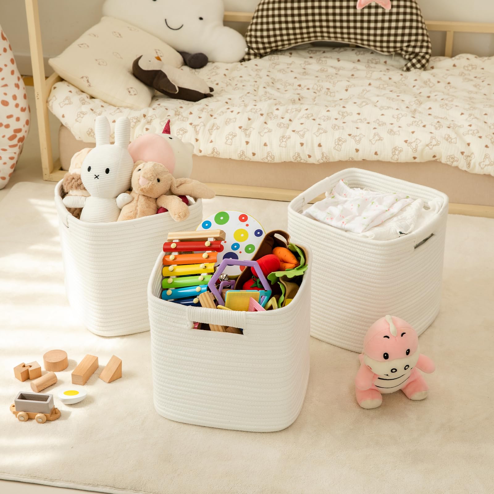 OIAHOMY cotton rope woven basket with handles easy to transport.
