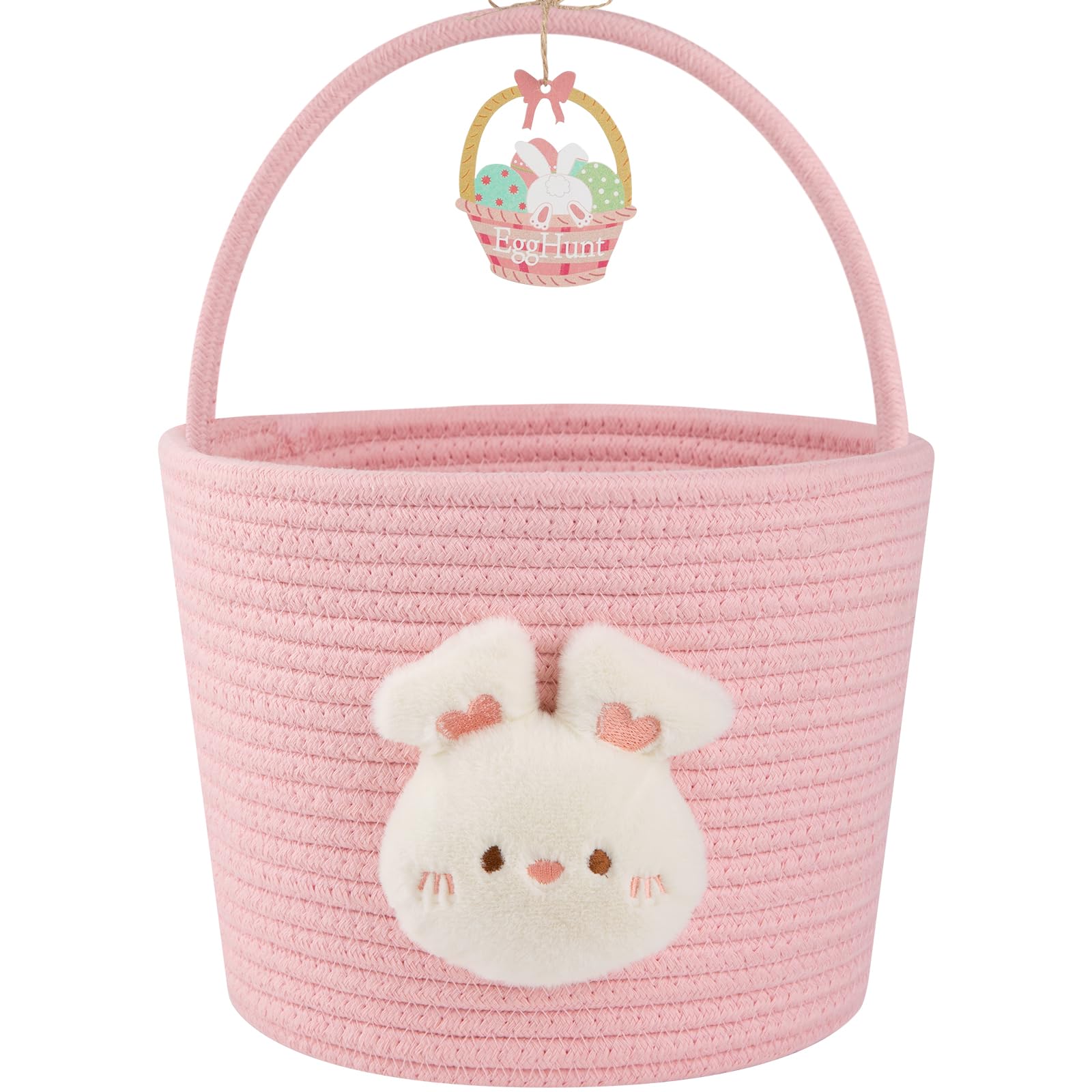 OIAHOMY Easter basket with handle and bunny doll, ideal for easy egg hunts and kid-friendly transport