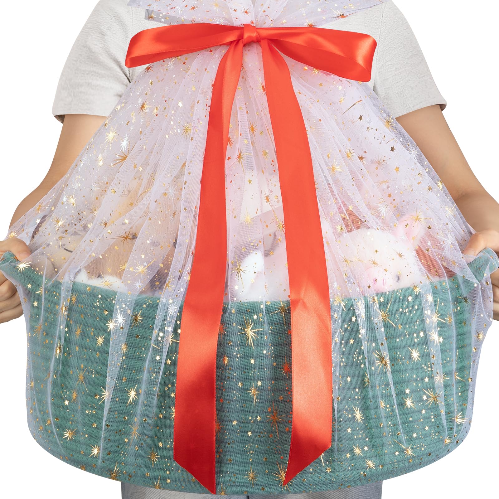 OIAHOMY green gift basket empty, showcasing a large reusable storage solution with handles.