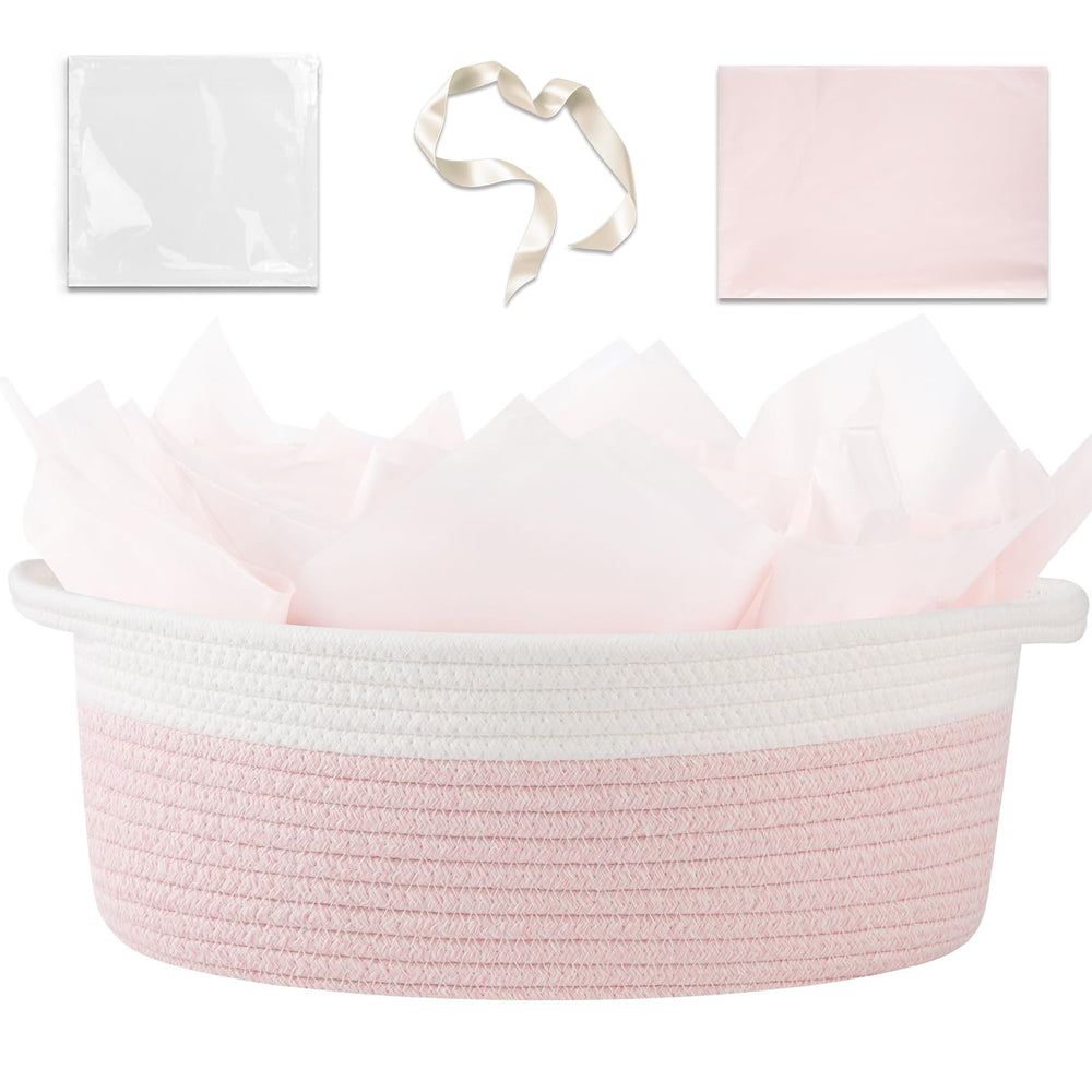 OIAHOMY gift basket empty with handle in pink and white, ready for gifting.