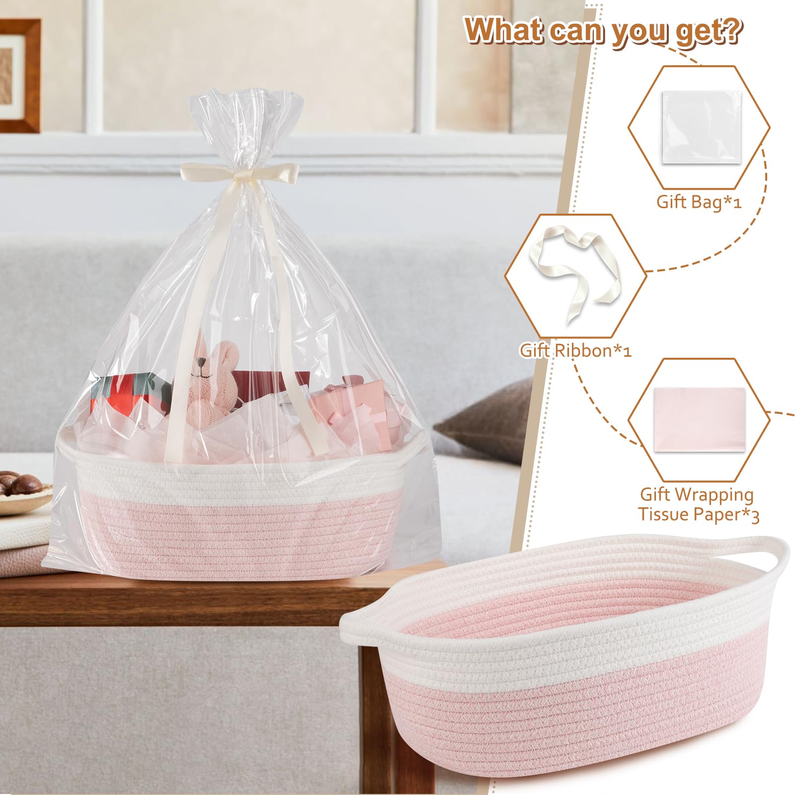 OIAHOMY gift basket includes bag, ribbon, and tissue paper for quick gift presentation.