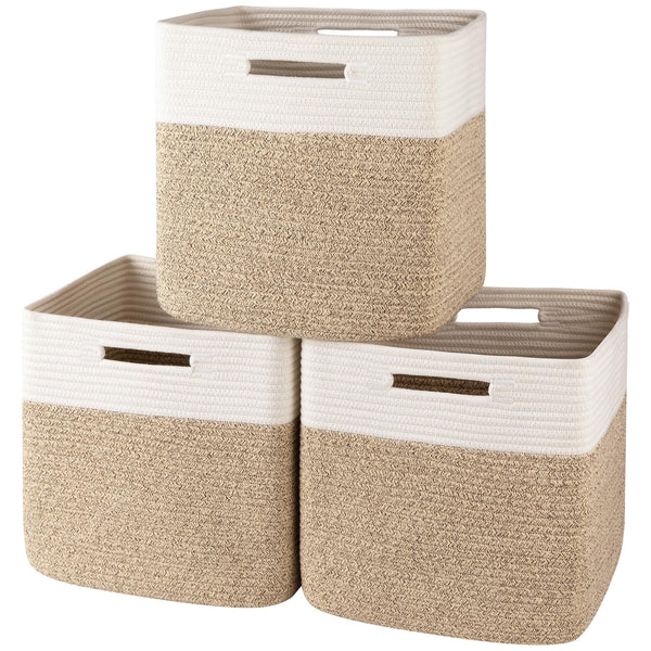 OIAHOMY brown and white cotton rope basket on a shelf for tidy toys and books.