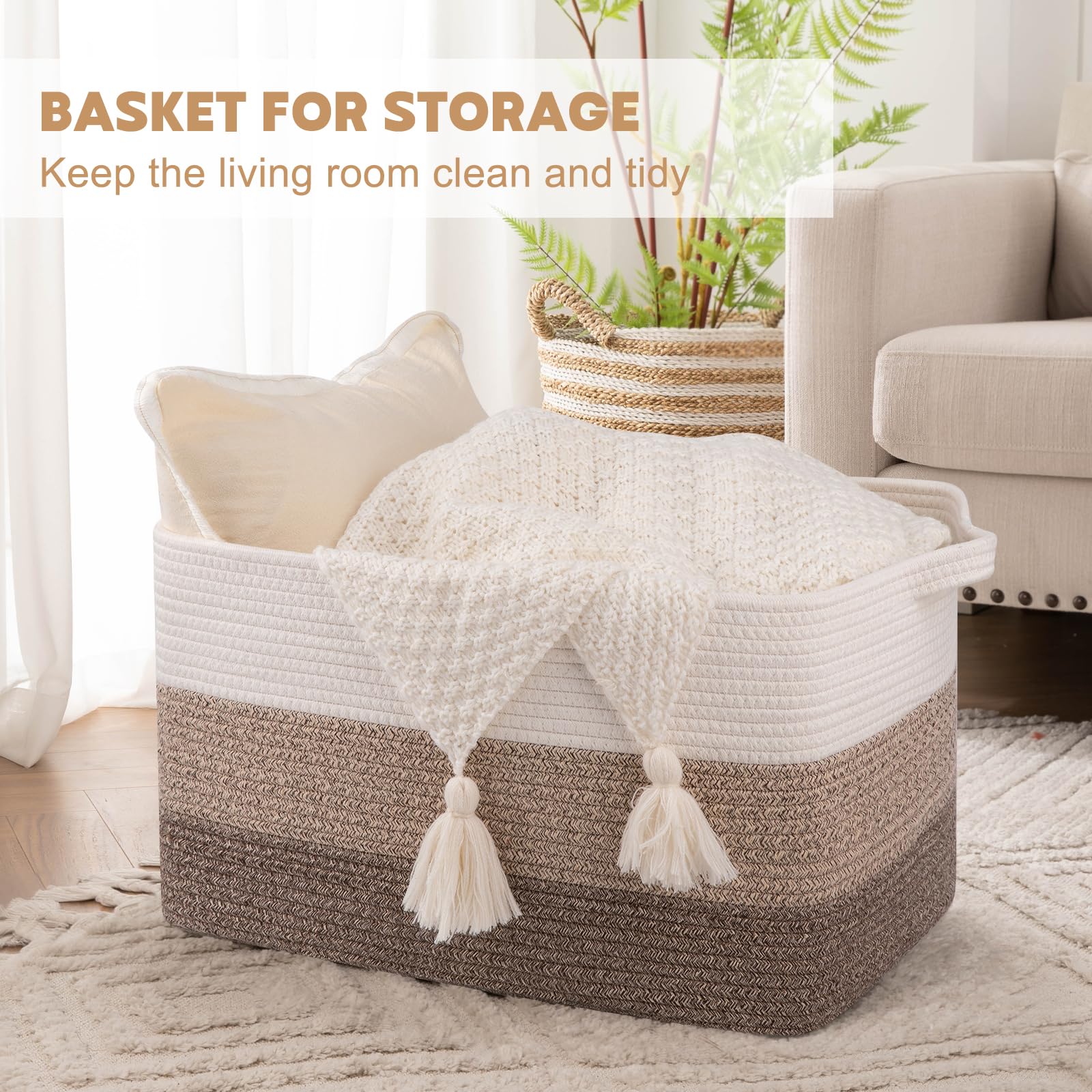 OIAHOMY blanket storage basket keeps living room tidy and soft to touch.