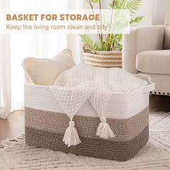 OIAHOMY blanket storage basket keeps living room tidy and soft to touch.