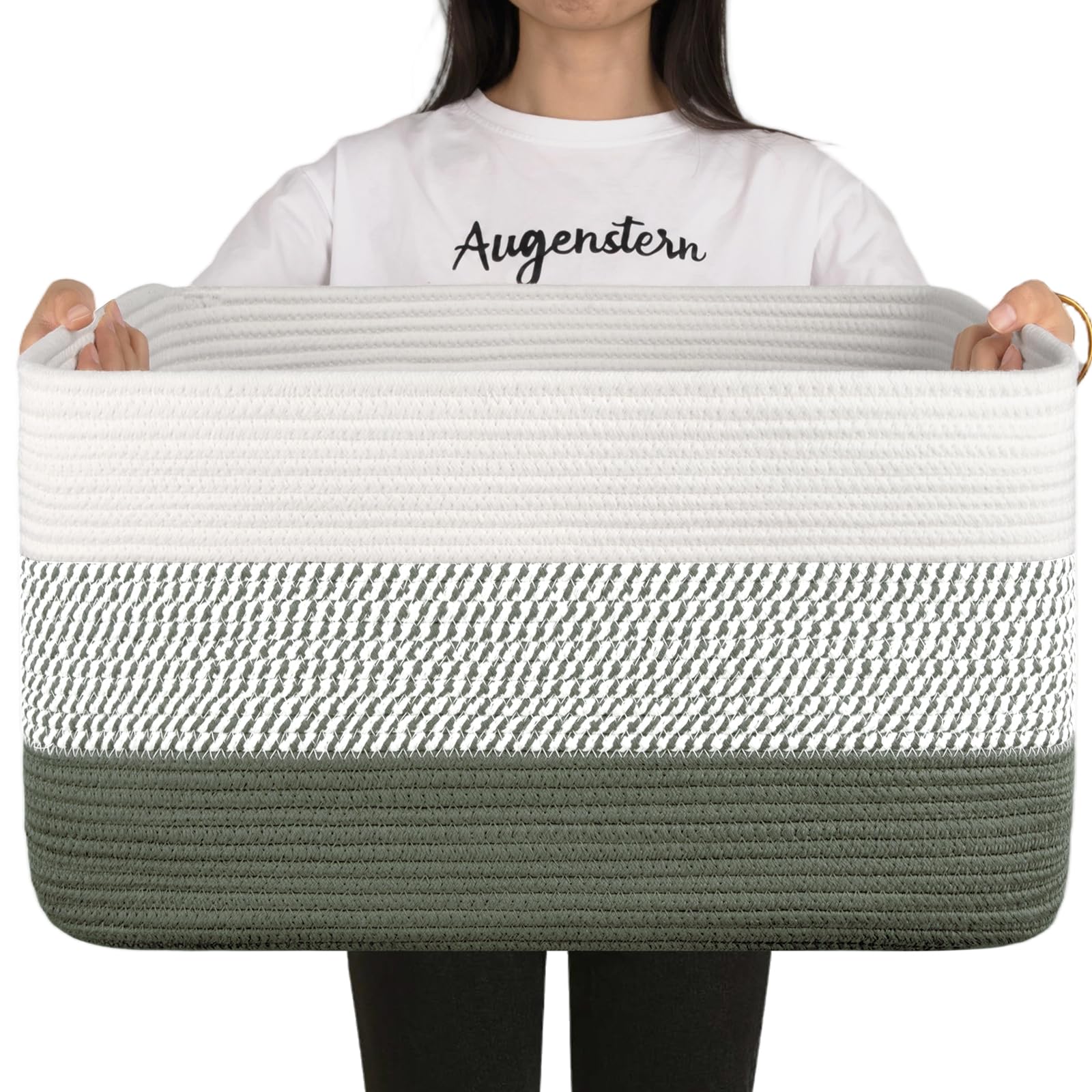 OIAHOMY large blanket basket front view in green and white for nursery storage