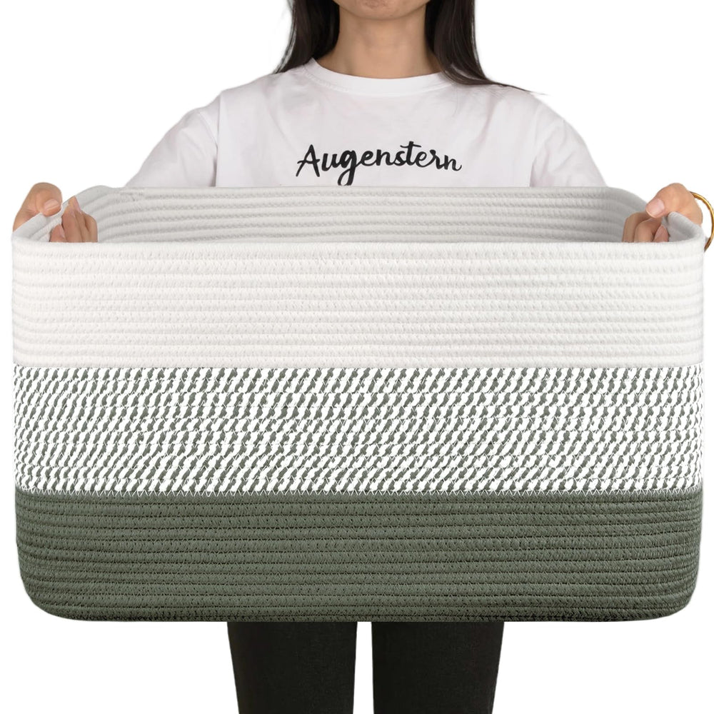 OIAHOMY large blanket basket front view in green and white for nursery storage