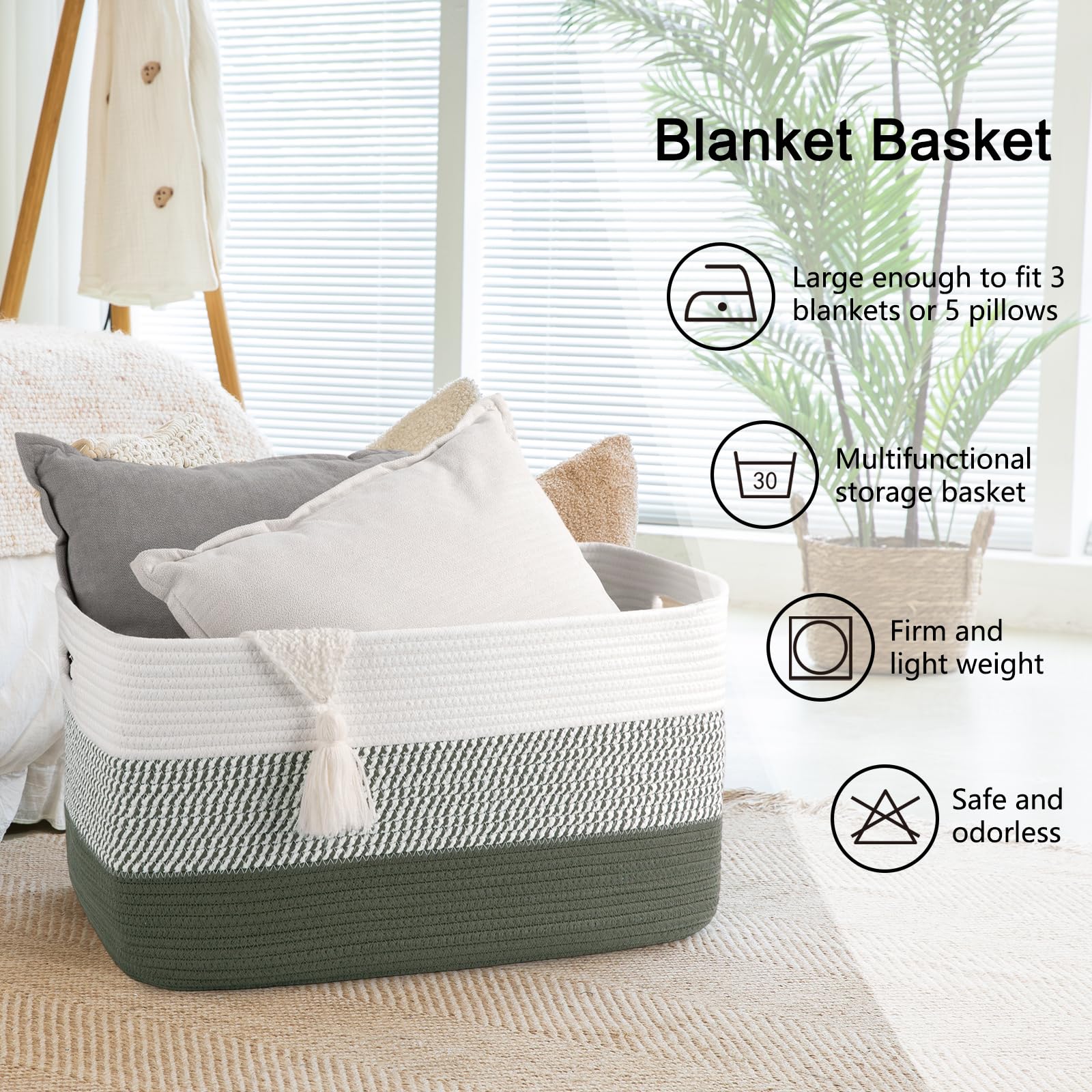 OIAHOMY large blanket basket in living room complements decor and holds items