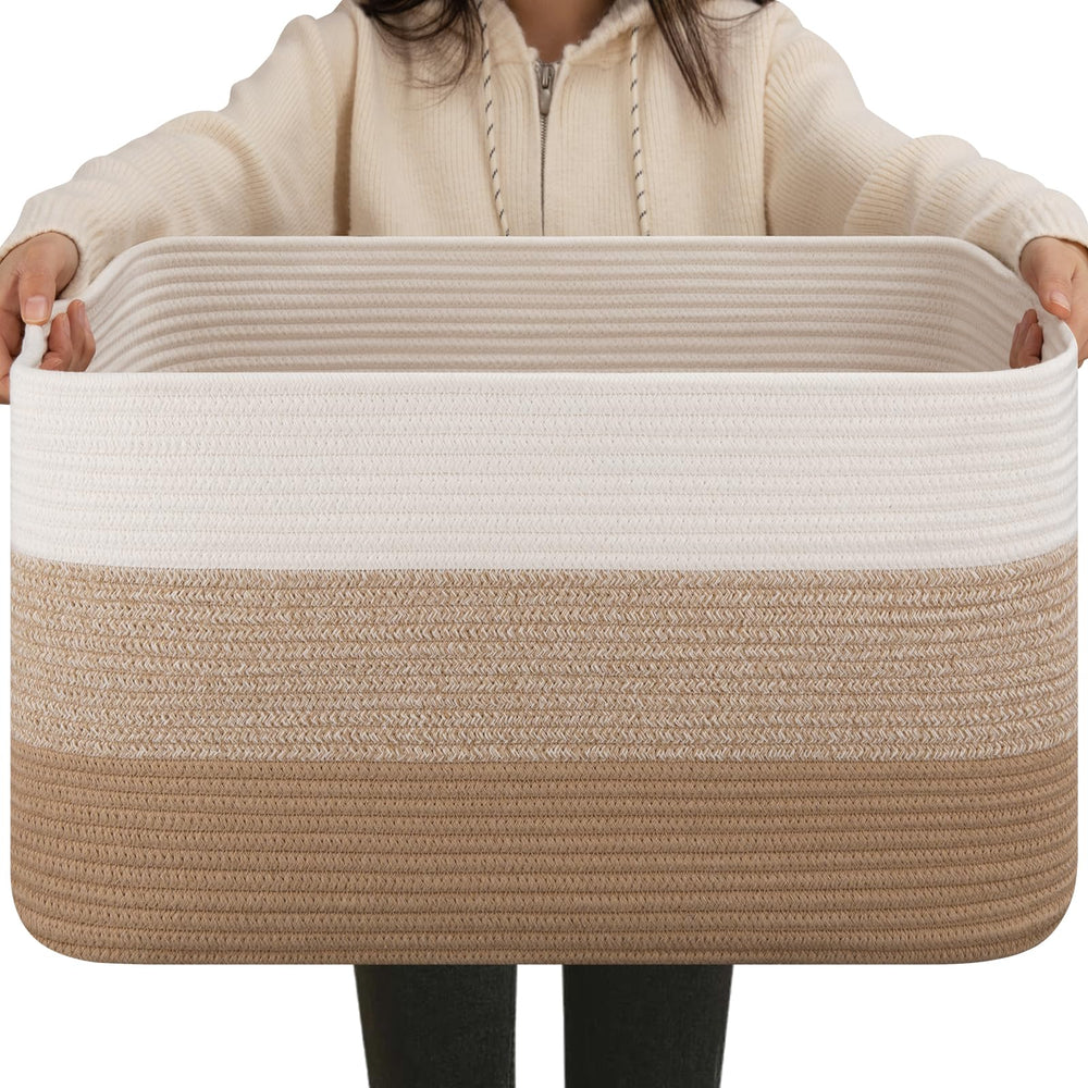 OIAHOMY large blanket basket in living room for easy blanket storage.