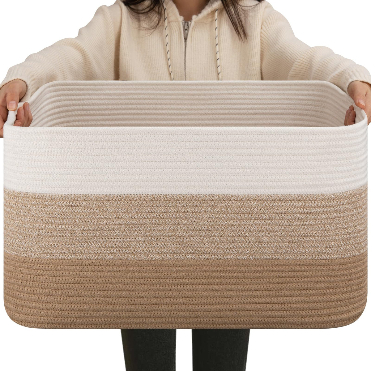 OIAHOMY large blanket basket in living room for easy blanket storage.