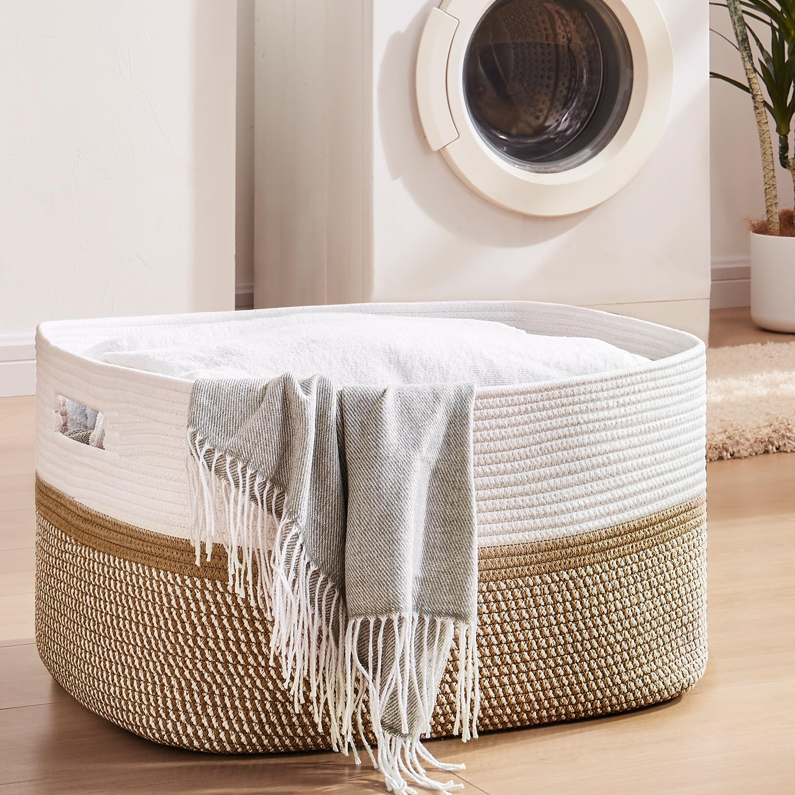 OIAHOMY large blanket basket rectangle side view highlights sturdy handles for easy transport.