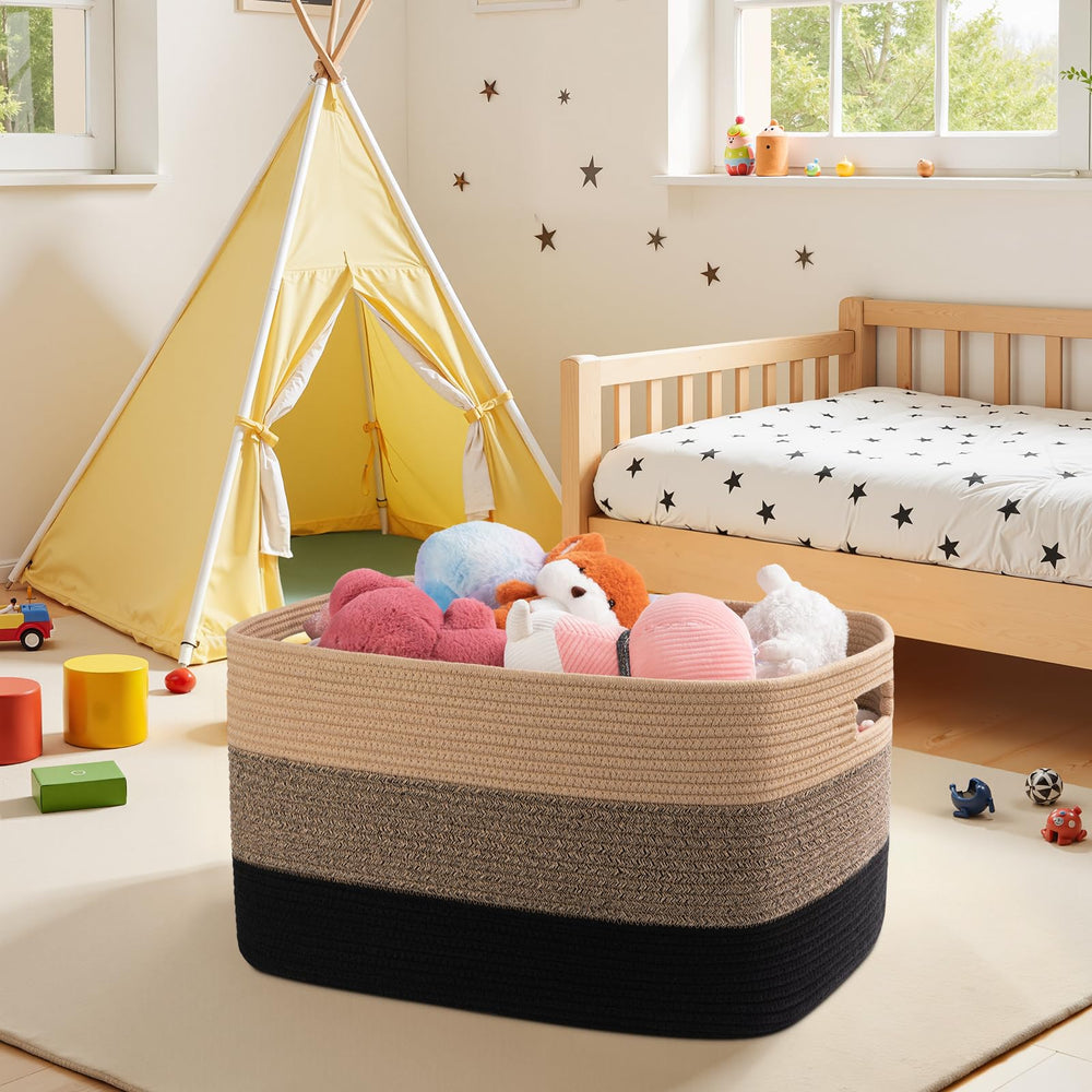 OIAHOMY large blanket basket side view with sturdy handles for easy transport.