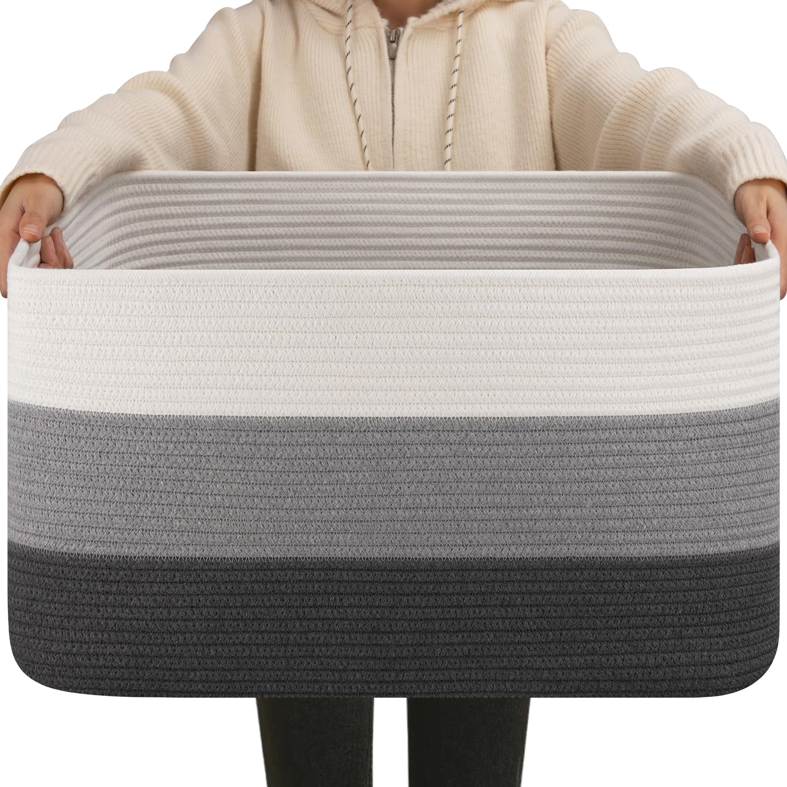 OIAHOMY large blanket basket rectangle shows sturdy cotton rope storage for living room organization