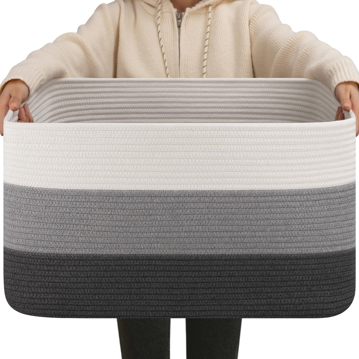 OIAHOMY large blanket basket rectangle shows sturdy cotton rope storage for living room organization