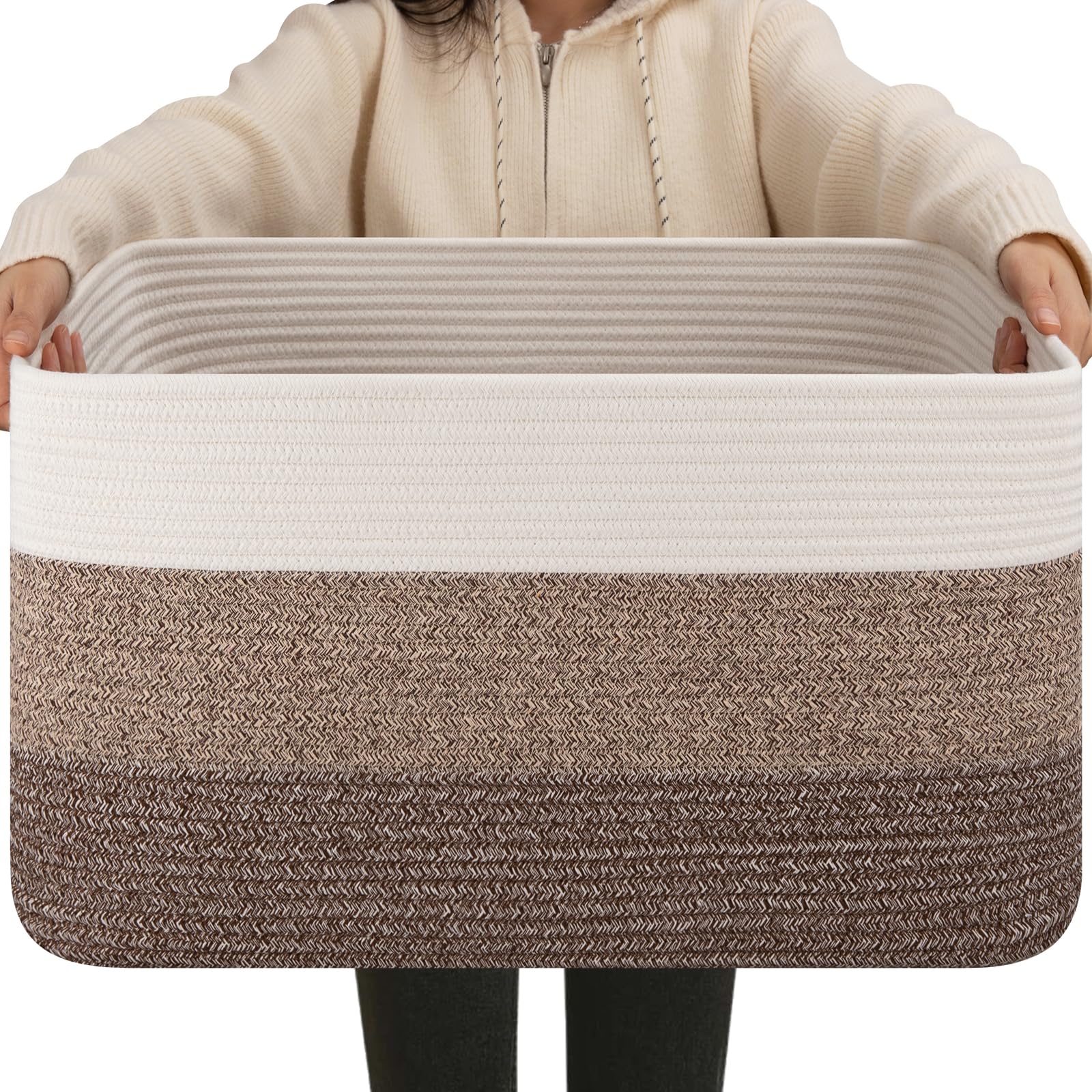 OIAHOMY rectangle blanket basket in living room for blankets and throws.