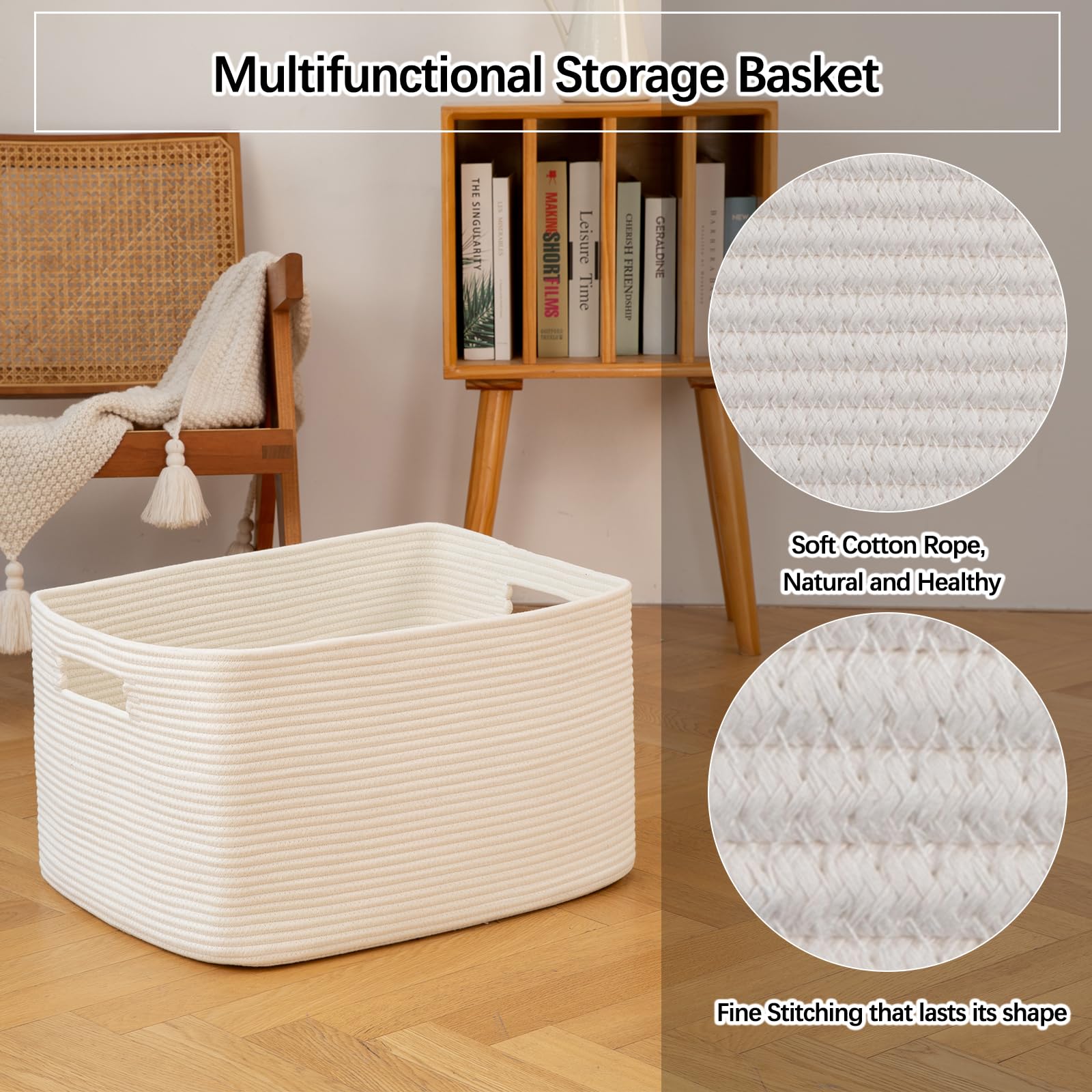 OIAHOMY rectangular storage basket in white fits living room shelves.