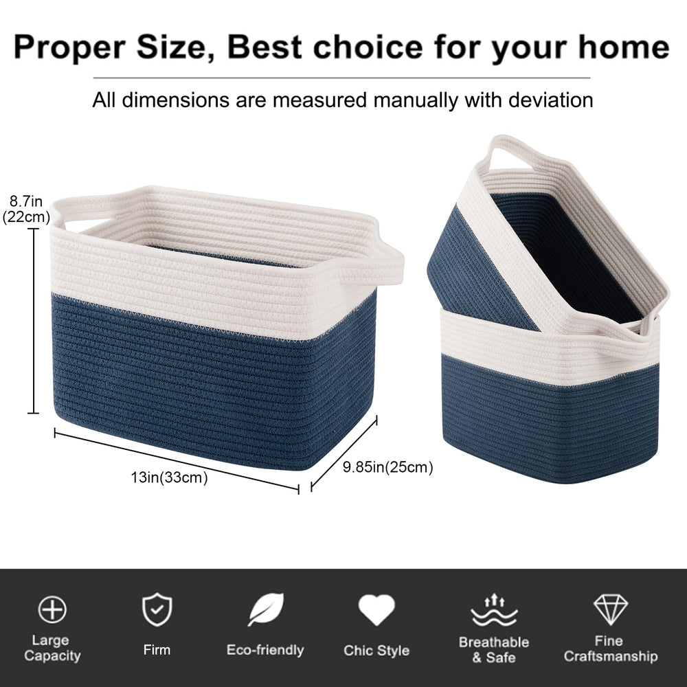OIAHOMY blue and white weave complements modern decor while organizing toys or towels.