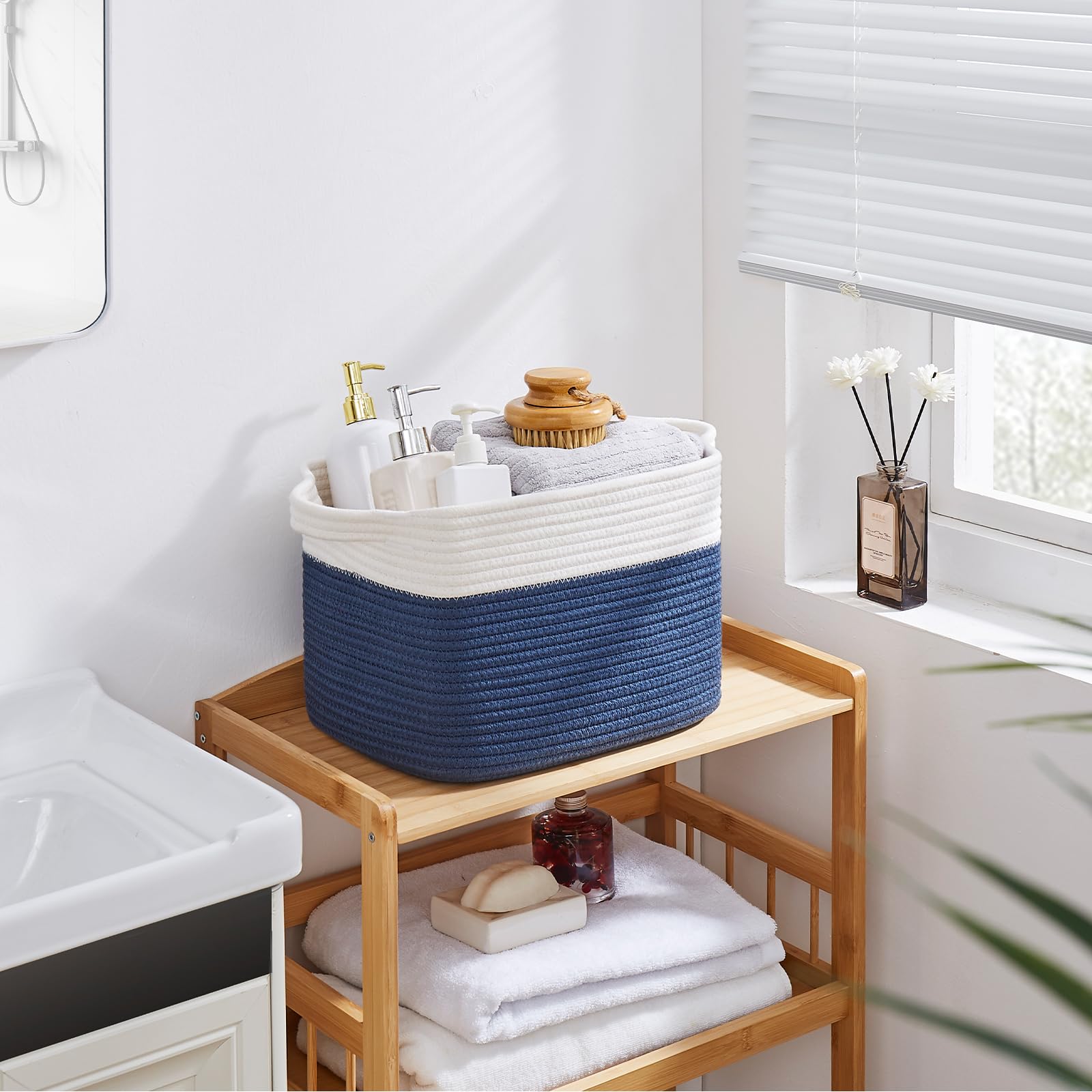 OIAHOMY blue-white storage basket ready for toy organization.