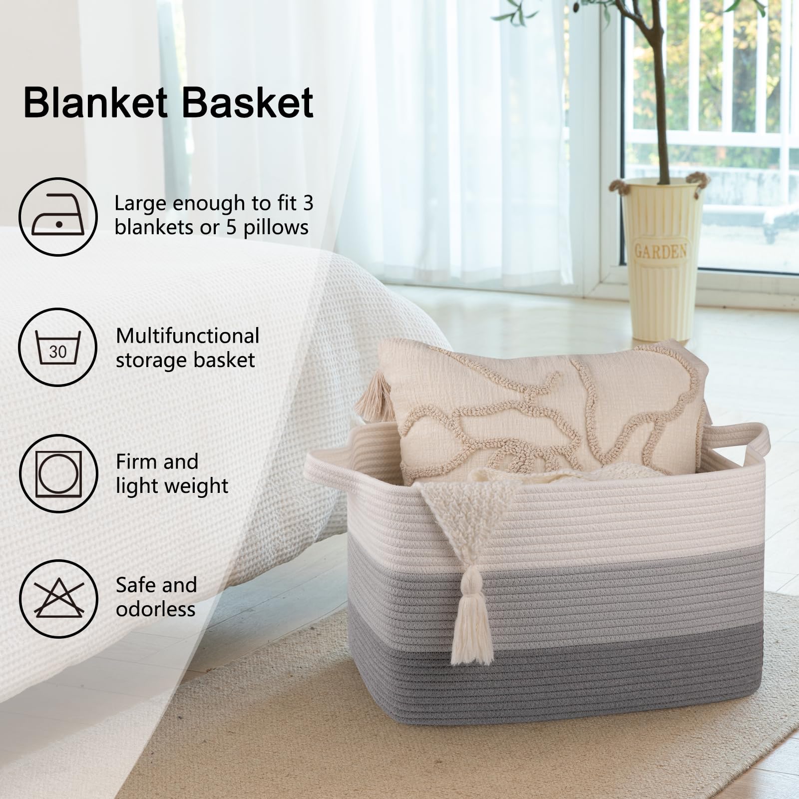Durable cotton rope basket keeps laundry or towels tidy.
