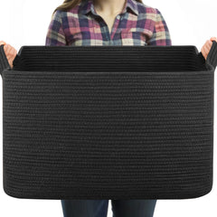 OIASKET 95L large blanket basket in black for easy storage in living rooms.