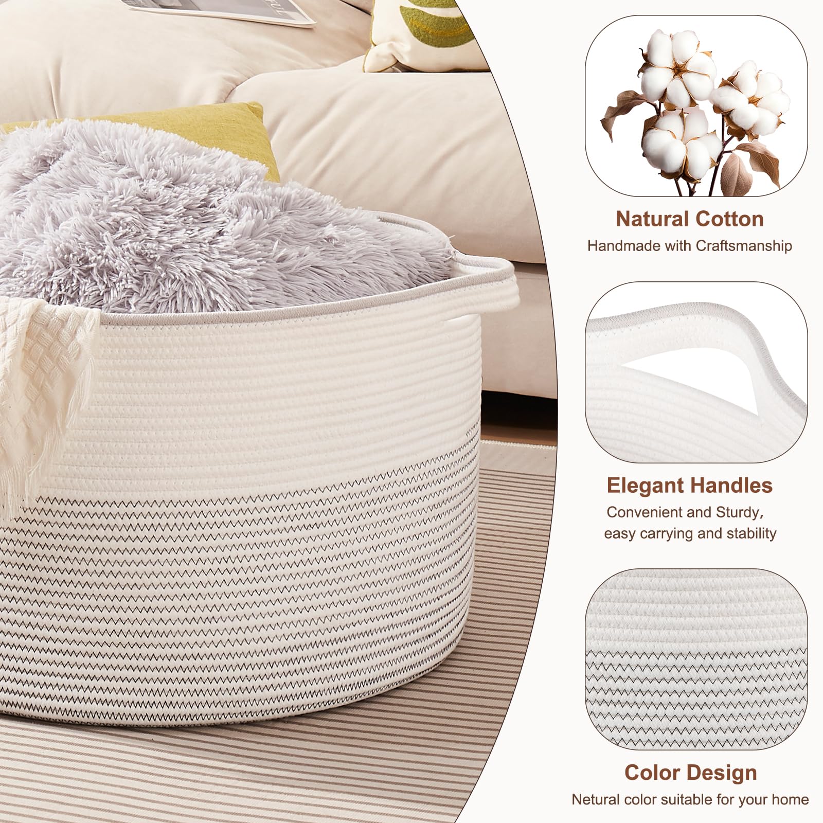 OIASKET bedroom setup with the woven basket for towels and pillows.