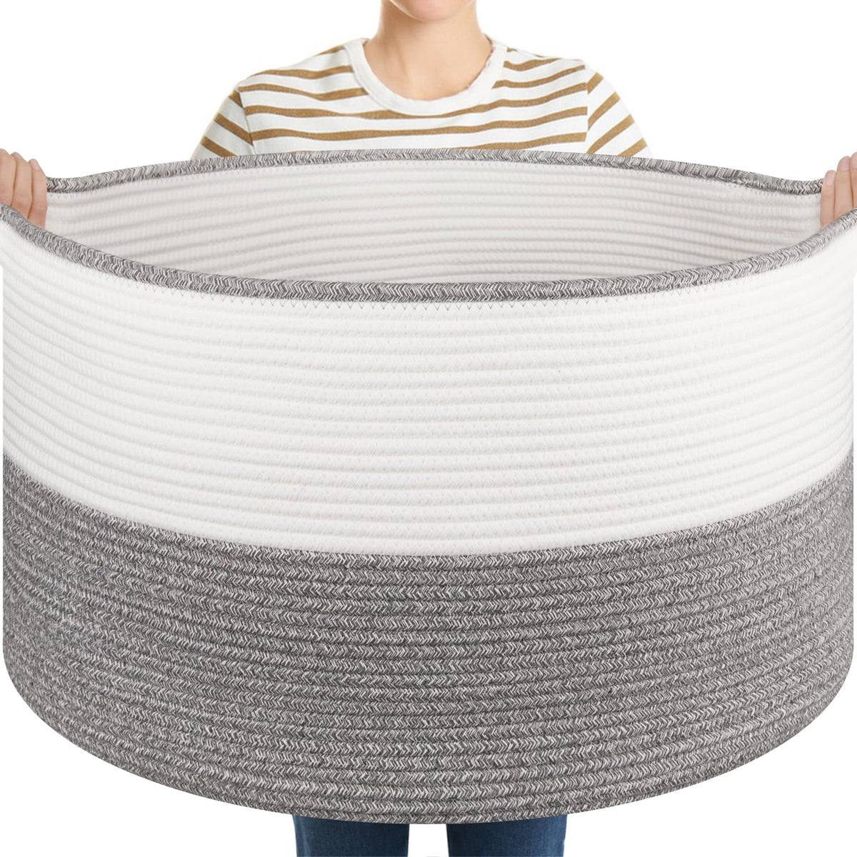 OIASKET blanket basket with handles in grey and white, ideal for easy living room organization.
