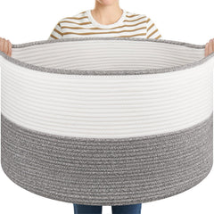 OIASKET blanket basket with handles in grey and white, ideal for easy living room organization.