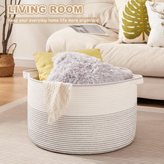 OIASKET blanket basket in living room organizing toys, towels, and decor.